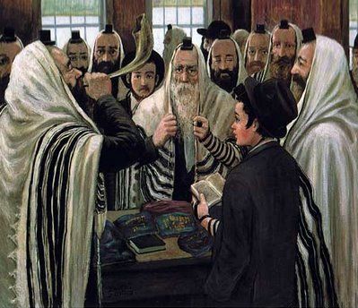 Jews blowing the shofar in the synagogue on the month of Elul