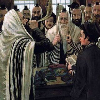 Jews blowing the shofar in the synagogue on the month of Elul