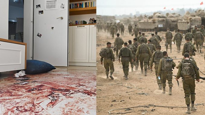 Left: A blood-stained floor in a home after the Nahal Oz attacks by Hamas on Israeli civilians. October 7, 2023. (Image: Government Press Office of Israel/Wikipedia); right: Israel Defense Forces soldiers preparing for a ground operation in Gaza on October 29, 2023. (Image: IDF Spokesperson's Unit/Wikipedia)